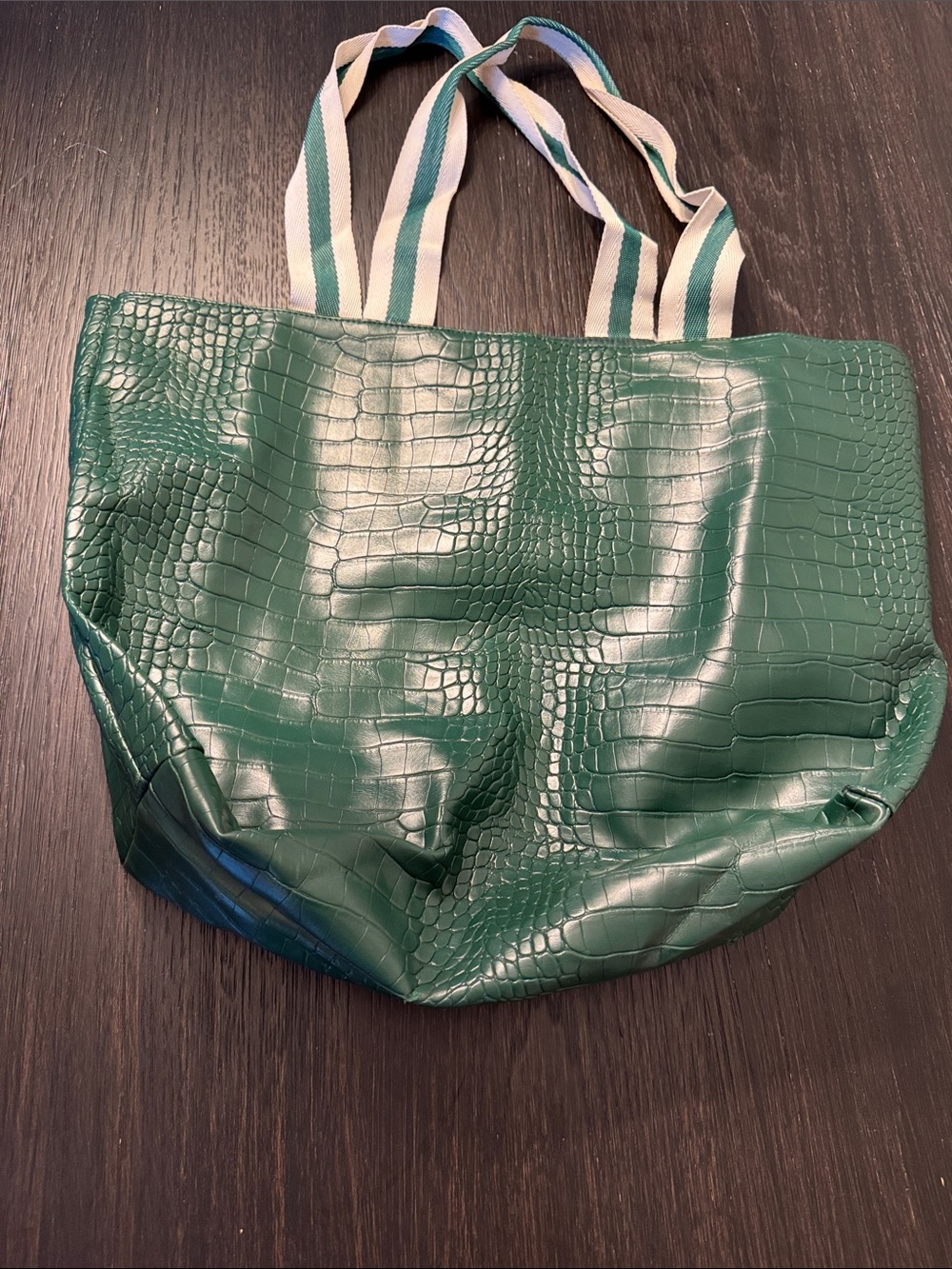 Saks Fifth Avenue Green Croc-Embossed Tote with Striped Webbing Handles